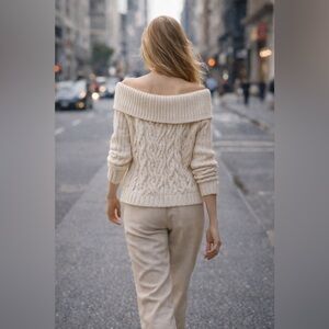 Intermix Off Shoulder Cable Knit Sweater Wool Cashmere Chunky Cream Small Petite